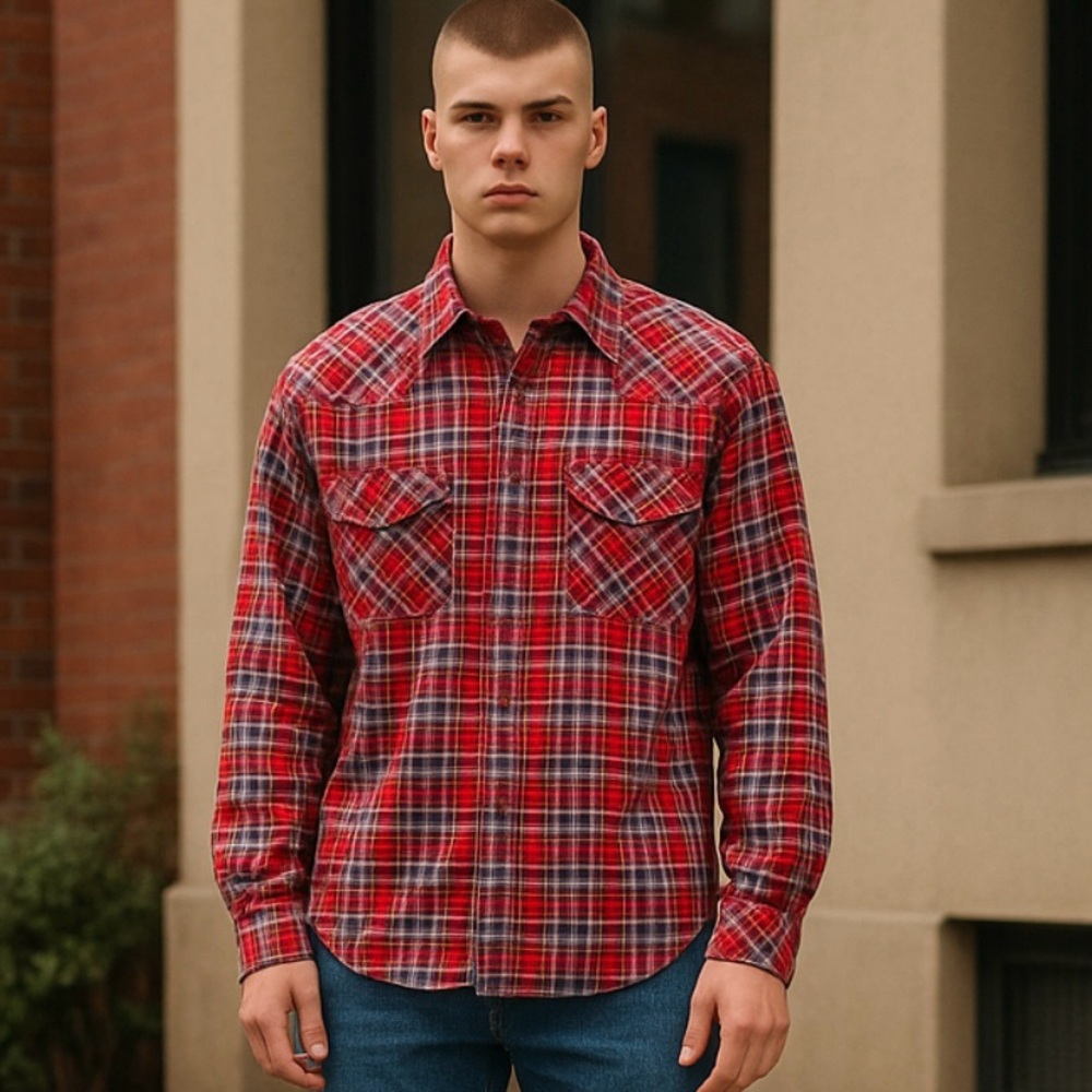 Diesel Flannel Plaid Long Sleeve Red Blue White Casual Button Down Shirt